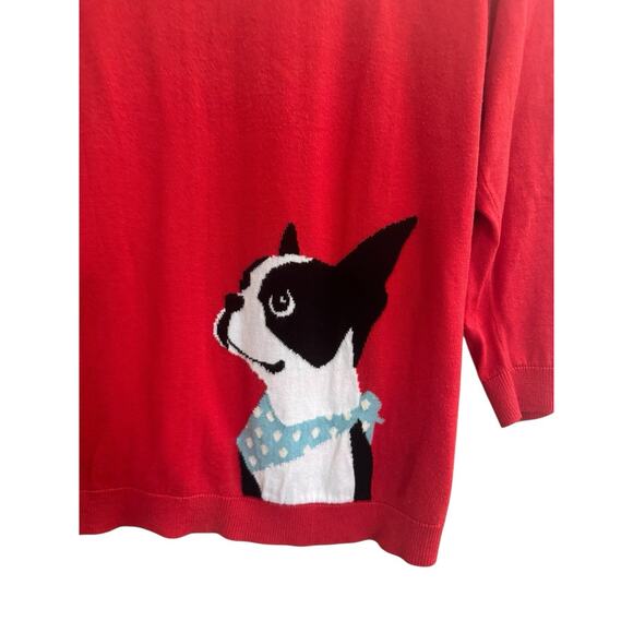 Talbots Sweater Womens Medium Red Dog Graphic Boston Terrier 3/4 Sleeve #6033 - Picture 4 of 12